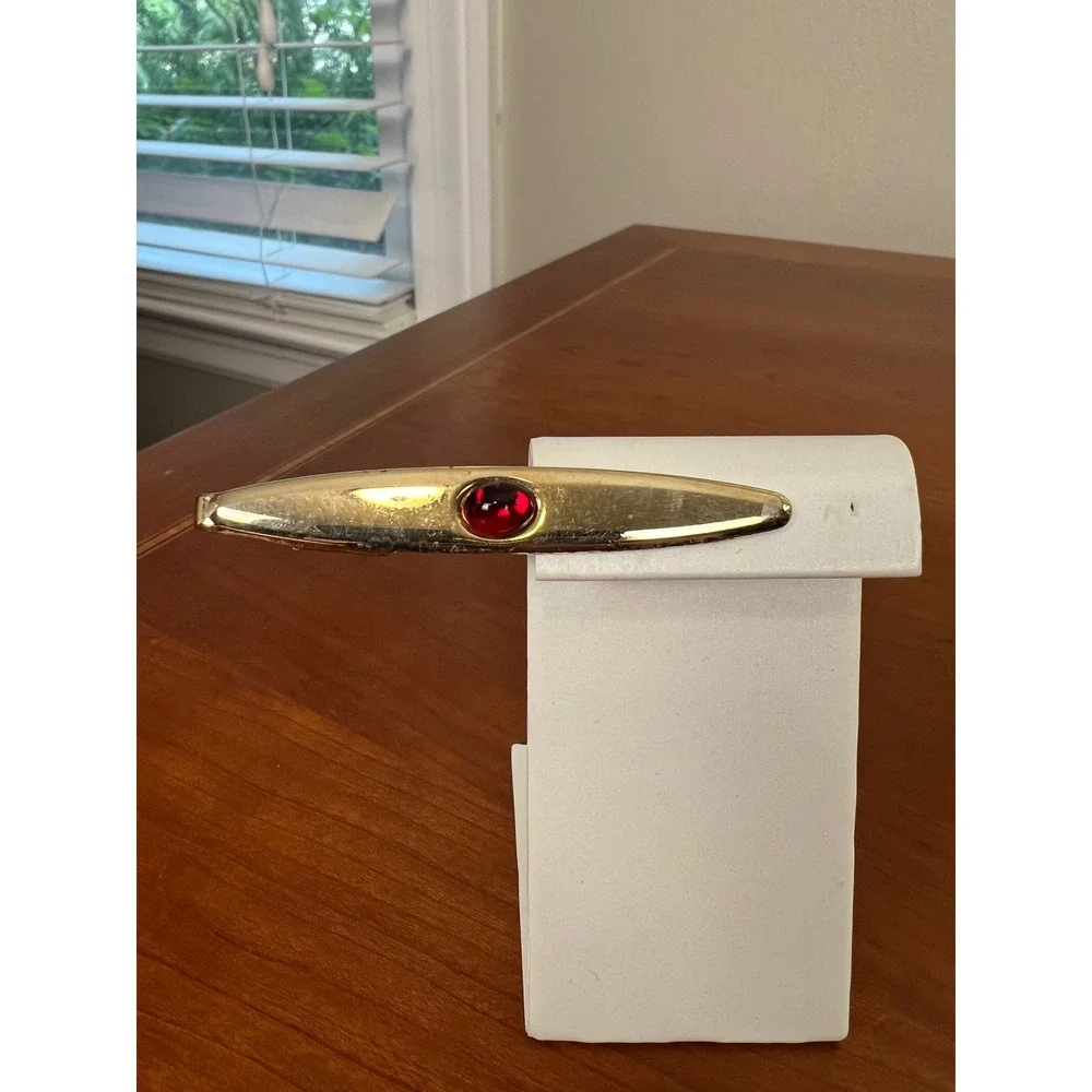 Vintage Gold Tone Ruby Red Cabochon Cufflinks and Tie Clip Set Mens Formal Wear